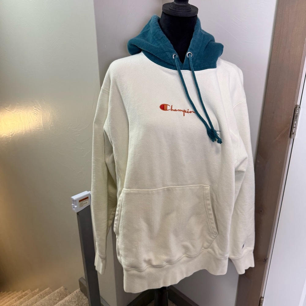 Vintage Champion Reverse Weave Hoodie Sweatshirt Teal White Spellout Y2K 90s Lg‎